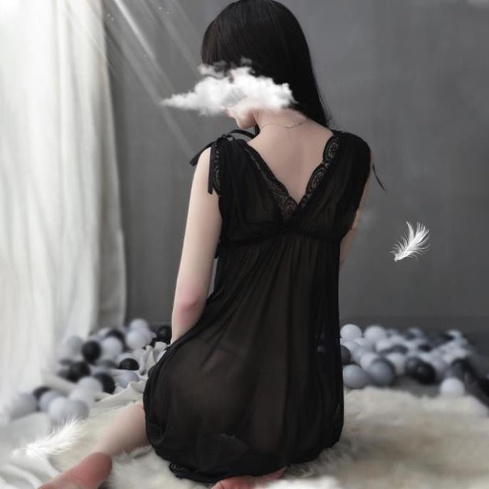 Váy ngủ ren sexy bẹt vai mặc hai kiểu đồ ngủ big size voan thun với màu đen quyến rũ Đẹp ! *  ༷ ✔