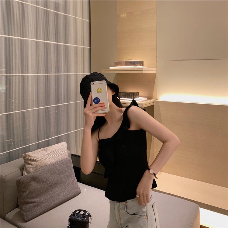 Áo Tank Top Dệt Kim Hở Lưng Phối Diềm Thời Trang