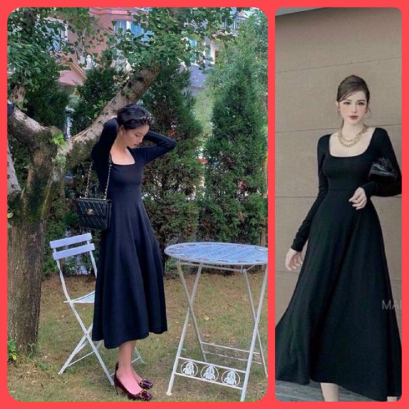 ĐẦM XÒE DÀI TAY CỔ VUÔNG_THUN COTTON SIÊU CO GIÃN THOẢI MÁI_ FREESIZE DƯỚI 65KG