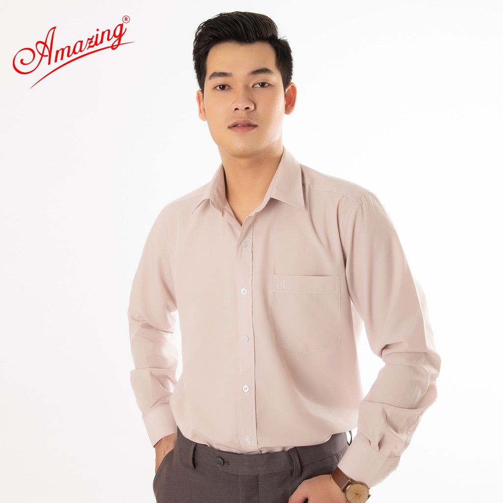 Áo sơ mi nam tay dài màu hồng vôi, form rộng regular, vải KT silk mềm mát, thời trang công sở Amazing