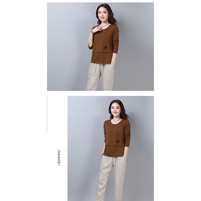 Áo Thun Tay Dài Cổ Tròn Dáng Rộng Màu Sắc Đơn Giản Cho Nữ