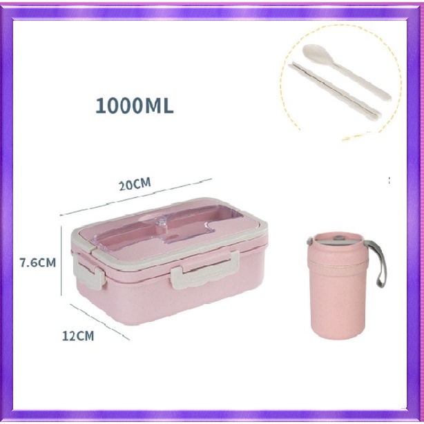 Hộp Đựng Cơm Giữ Nhiệt Ăn Trưa Văn Phòng 3 Ngăn - Nhựa/Lúa Mạch - Kèm Đũa Thìa  Cốc Đựng Canh