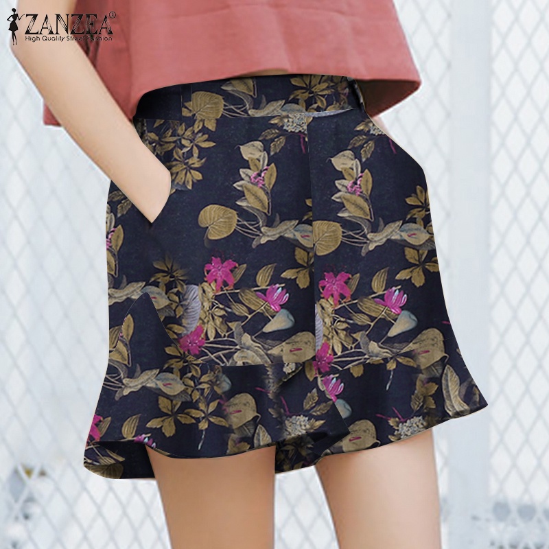 Zanzea Quần ngắn ống rộng Lưng Thun Viền Bèo In Họa Tiết Phong Cách Cổ Điển Thời Trang Cho