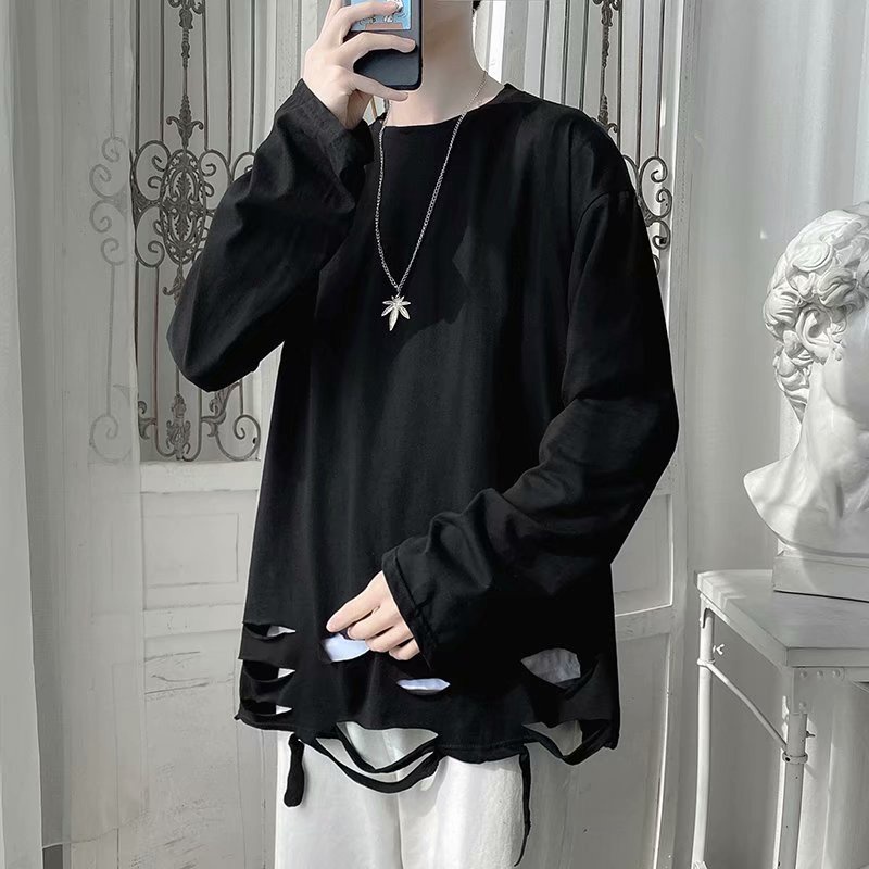 Áo thun tay dài màu trơn phối vết rách phong cách hip hop thời trang dành cho nam