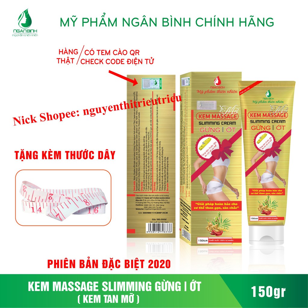 (Mẫu MỚI) Kem Massage Tan Mỡ Ngân Bình + Tặng Thước Dây Đo _Hộp 150gr_ Kem tươi chiết xuất gừng ớt Gia truyền Chính Hãng