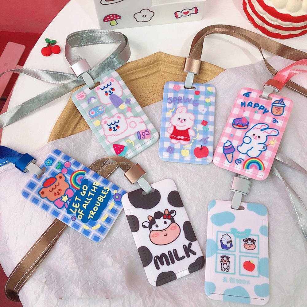 Ví Đựng Thẻ ID + Dây Đeo Họa Tiết Thỏ Hoạt Hình Lấp Lánh Dễ Thương Cho Học Sinh Ốp