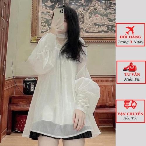 Áo sơ mi babydoll voan tơ cổ ngọc tay bồng thắt nơ lưng tiểu thư bánh bèo 2 lớp ulzzang Hàn Quốc