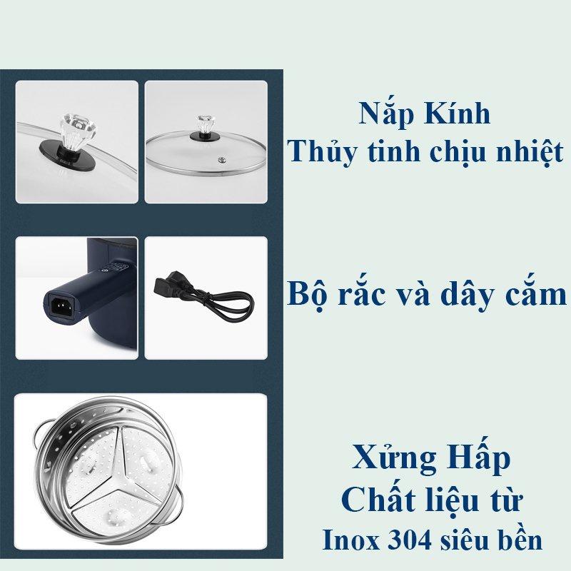 [TẶNG 10 MÓN] Nồi Điện Đa Năng EPICURE Dung Tích 1.8L Chống Dính, Nồi Lẩu Điện 2 Tầng Chảo Lẩu Điện Mini Có Xửng Hấp