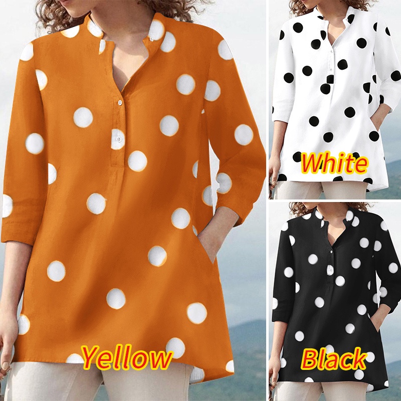 Áo kiểu ZANZEA cổ chữ V tay lỡ 3/4 có hàng nút cài in họa tiết chấm bi dễ phối đồ phong cách retro thường ngày cho nữ