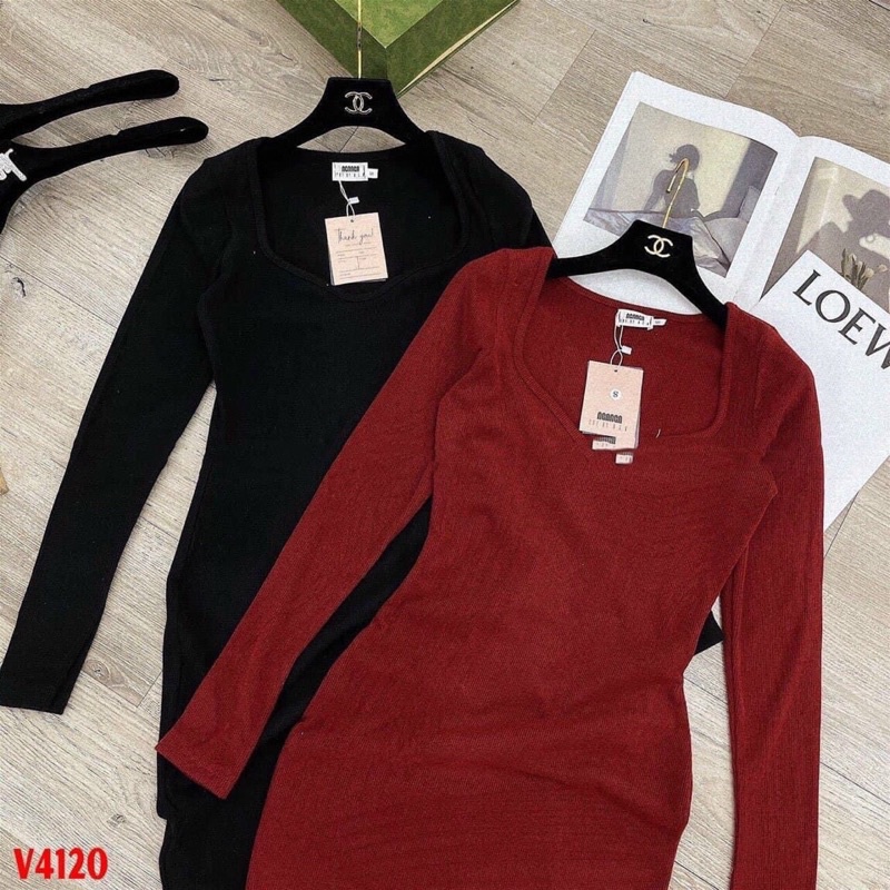Đầm body cổ vuông tay dài, chất thun gân loại 1 dày dặn,co dãn. 2 màu đỏ/đen