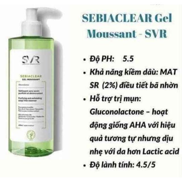 Sữa Rửa Mặt SVR Gel Moussant Pháp Ngăn Ngừa Mụn Đầu Đen Loại Bỏ Bã Nhờn 400ml - PVN273