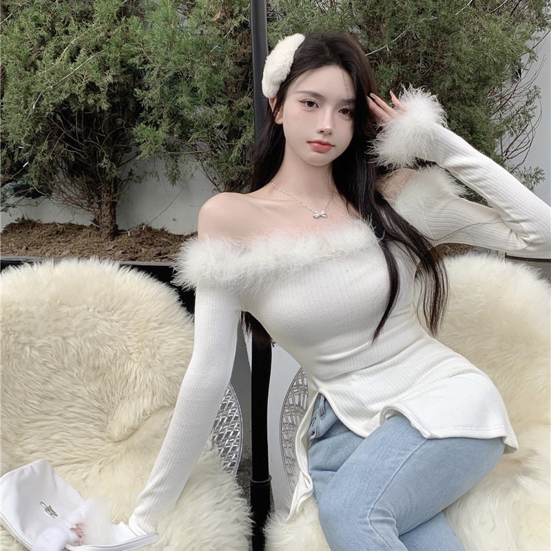 ÁO TRỄ VAI CHẤT LEN MỎNG PHỐI LÔNG SANG CHẢNH