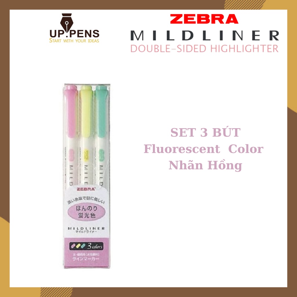 Bộ 3 bút đánh dấu hai đầu Zebra Mildliner Double-Sided  Highlighter - Fine/Bold - Nhãn Hồng