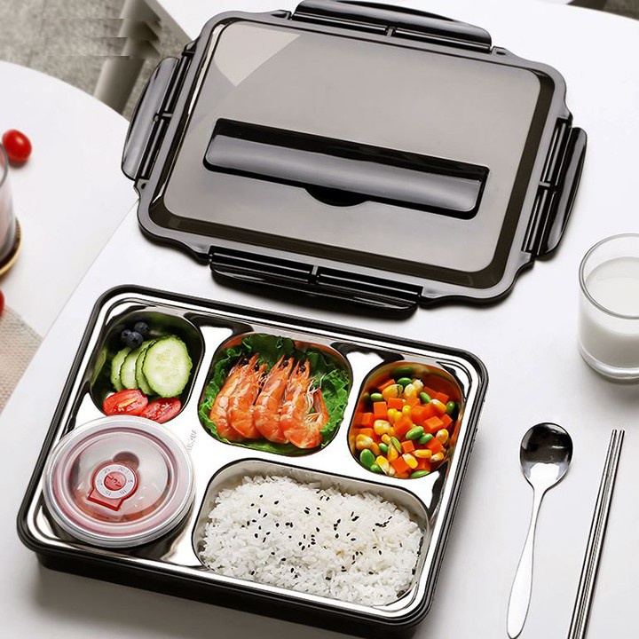Khay cơm giữ nhiệt 5 ngăn có nắp đậy kèm khe để điện thoại, không lo bị đổ đồ ăn
