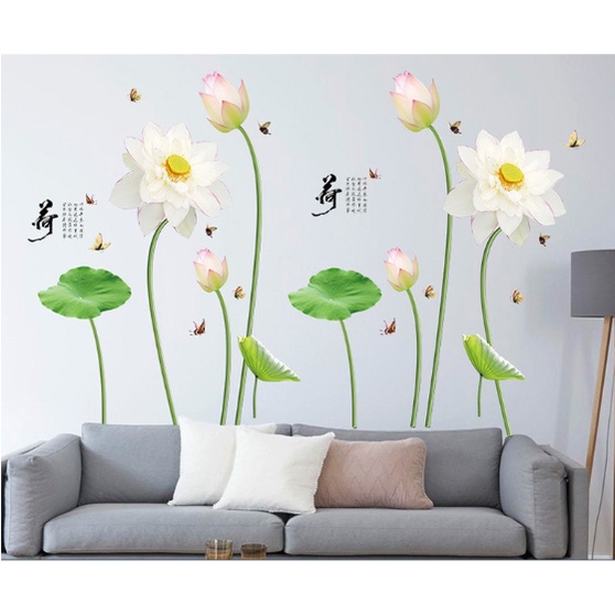 Decal trang trí tường - Hoa sen trắng và búp sen