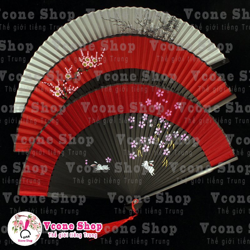 ( M65 ) Quạt cổ trang dây tuyến viền đỏ  cầm tay quà tặng xinh xắn cosplay phong cách tết