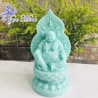 Tượng Phật Di Lặc màu xanh ngọc cao 17 cm ngồi tòa sen