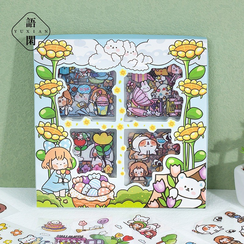 Hộp 100 tờ stickers giấy PET PVC dễ thương không trùng mẫu