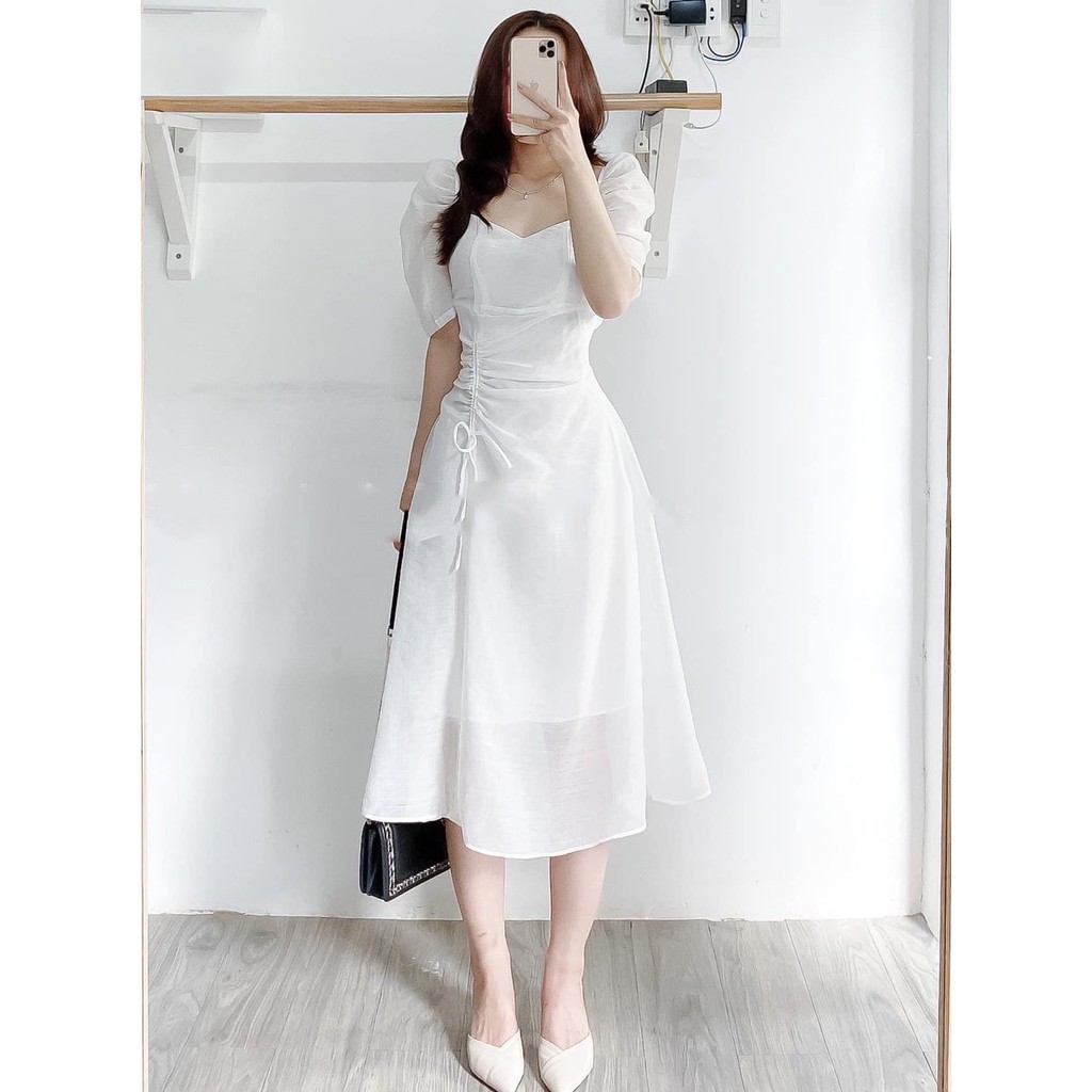 Đầm váy nữ dự tiệc midi rút dây eo hông chất Voon 2 lớp siêu đẹp. | BigBuy360 - bigbuy360.vn
