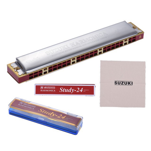 Kèn Harmonica Tremolo Suzuki Study 24 key C (Bạc) - Kèm thêm vải nhung lau kèn