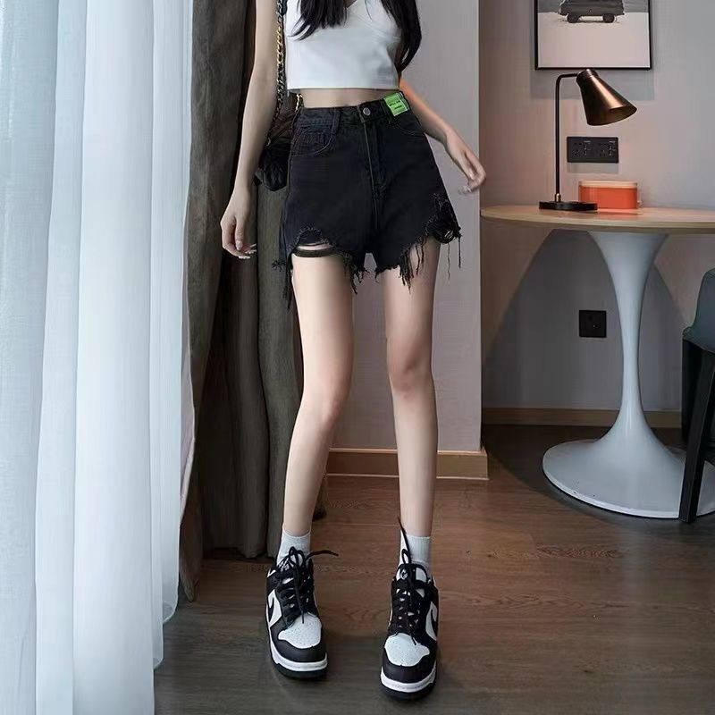 AMOI Quần Short Denim Lưng Cao Ống Rộng Phối Rách Thời Trang 2022 Cho Nữ