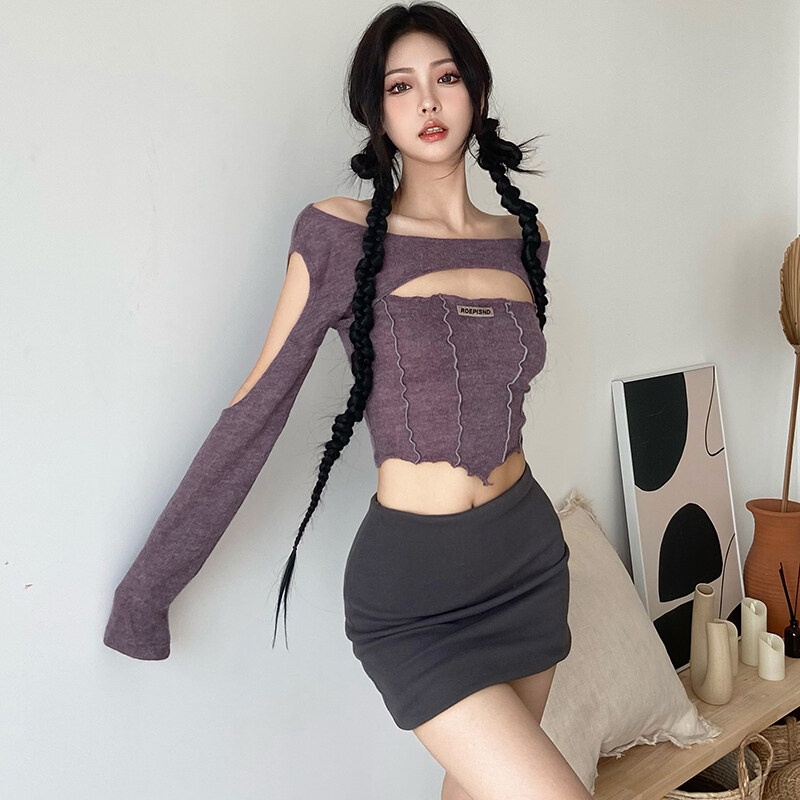 Kliou 2023 Mới Bộ áo croptop KLIOU không dây kết hợp tay dài thiết kế khoét thời trang 2022 mới vào mùa hè cho nữ