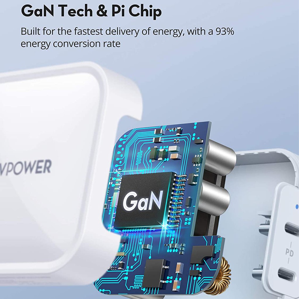 Củ Sạc RAVPower RP-PC128 PD 90W Công Nghệ GaN 2 Cổng Type-C Sạc Macbook, Smartphone, Tablet, Laptop - Hàng Chính Hãng