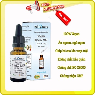 Vitamin D3 K2 MK7 Fair & Pure Đức hữu cơ thuần chay cho trẻ sơ sinh và trẻ nhỏ chai 20ml