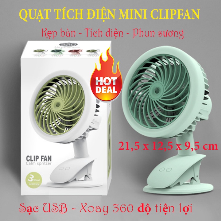 Quạt Phun Sương Mini, Quạt Kẹp Bàn Clipfan Tích Điện 3 Tốc Độ Gió,Quạt Điều Hoà Hơi Nước Sạc USB Tiện Lợi