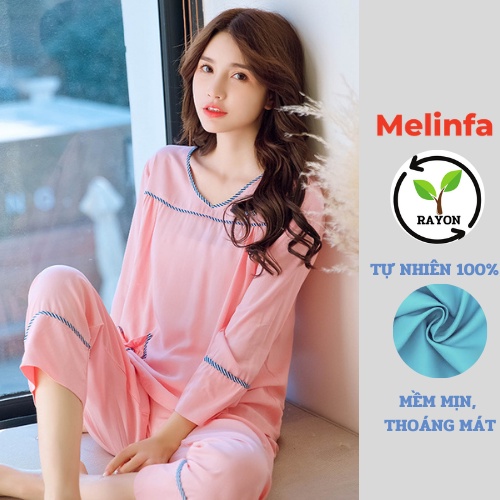 Bộ đồ ngủ nữ chất vải cotton Rayon tự nhiên thân thiện, bộ mặc nhà nữ tay dài, quần dài mã VABD0181