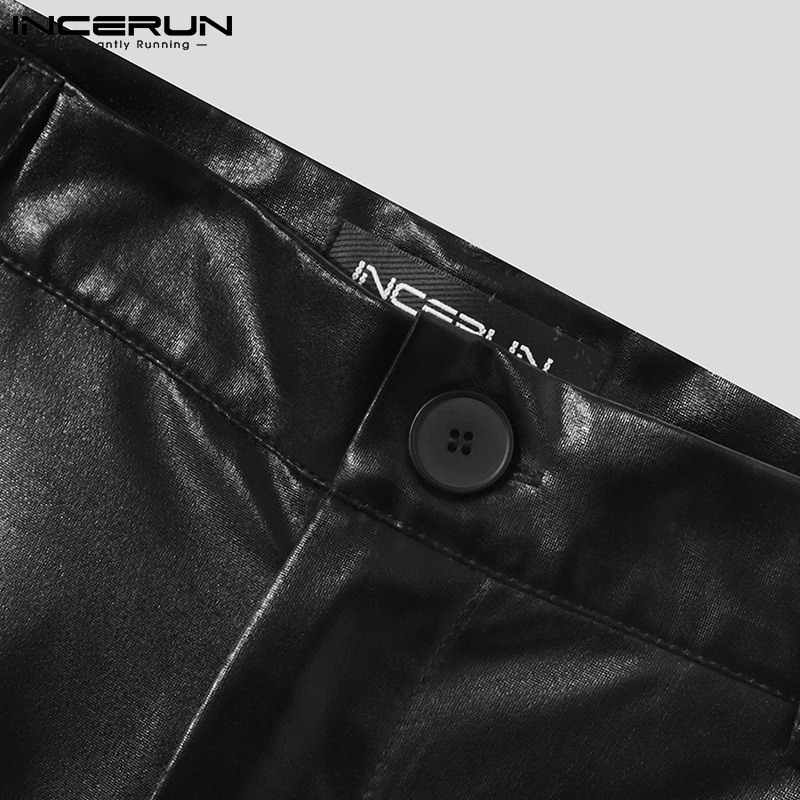 Quần INCERUN dạng dài bằng da màu đen kiểu dáng ôm sát thời trang thường ngày sành điệu cho nam