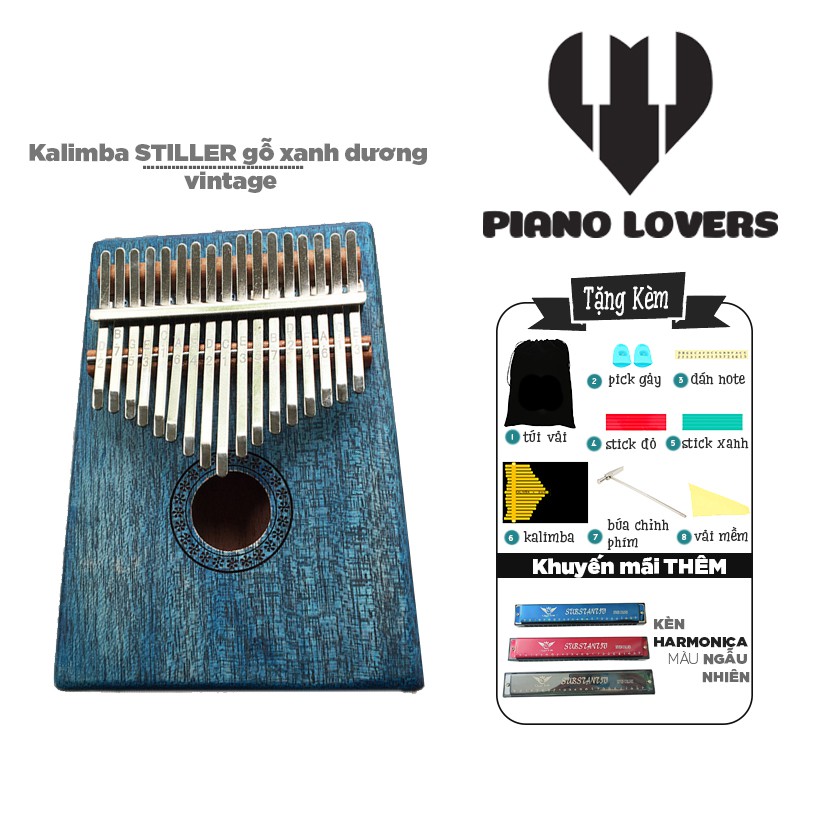( SALE ) Đàn Kalimba 17 phím Gỗ Vintage Xanh dương Stiller Tặng Kèm Harmonica đủ màu sắc - HÀNG CÓ SẴN