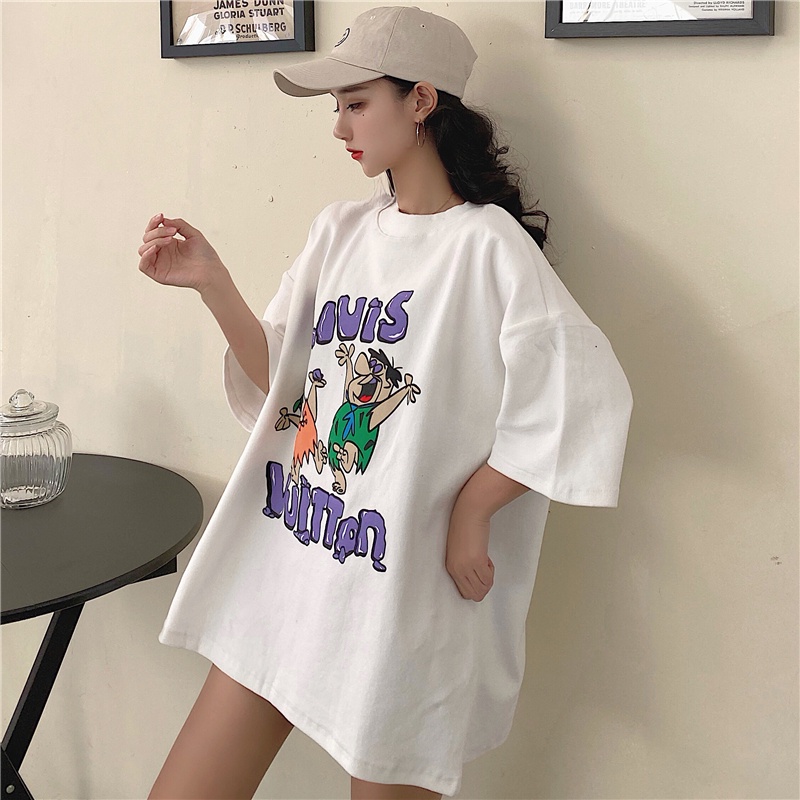 SUXI Áo Thun Tay Ngắn Cổ Tròn Dáng Rộng In Chữ Kiểu Retro Hàn Quốc Dễ Thương