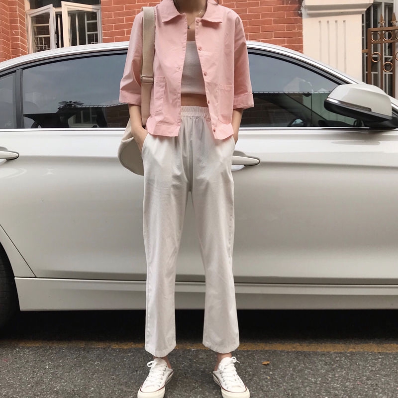 Áo sơ mi cơ bản 166362Áo Cardigan tay ngắn cổ POLO phong cách đại học | BigBuy360 - bigbuy360.vn