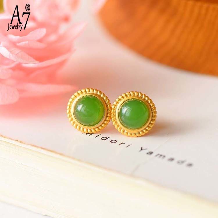 A7 S925 Sterling Silver Inlaid Gemstone Gilding Craft Jasper Stud Earrings