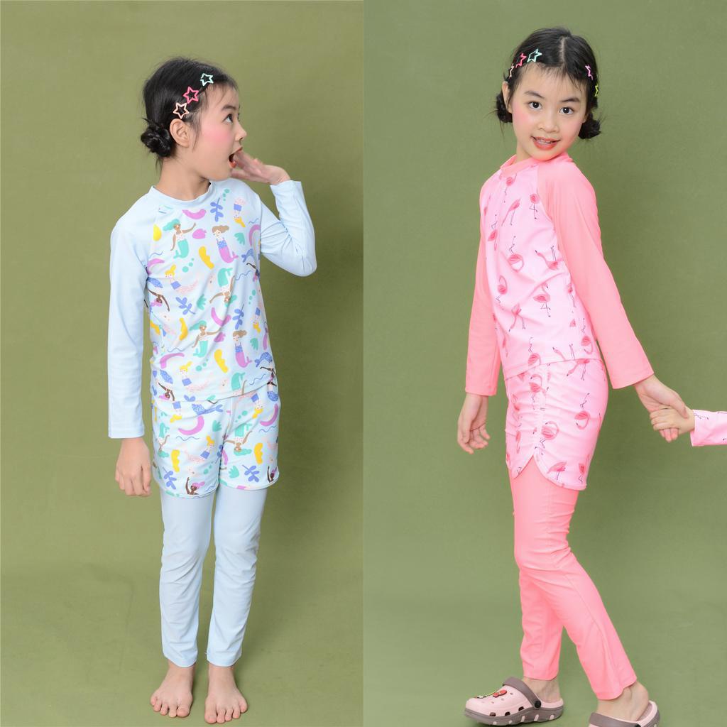 Bộ bơi rời áo dài tay quần dài phối sooc viền retro Mỹ nhân ngư/ Hồng hạc cho bé