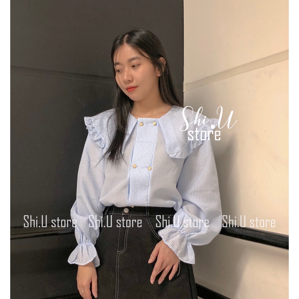 Áo sơ mi nữ dài tay kẻ sọc cổ bèo cúc ngực cách điệu chất xốp không nhăn 2 màu xinh xắn | BigBuy360 - bigbuy360.vn