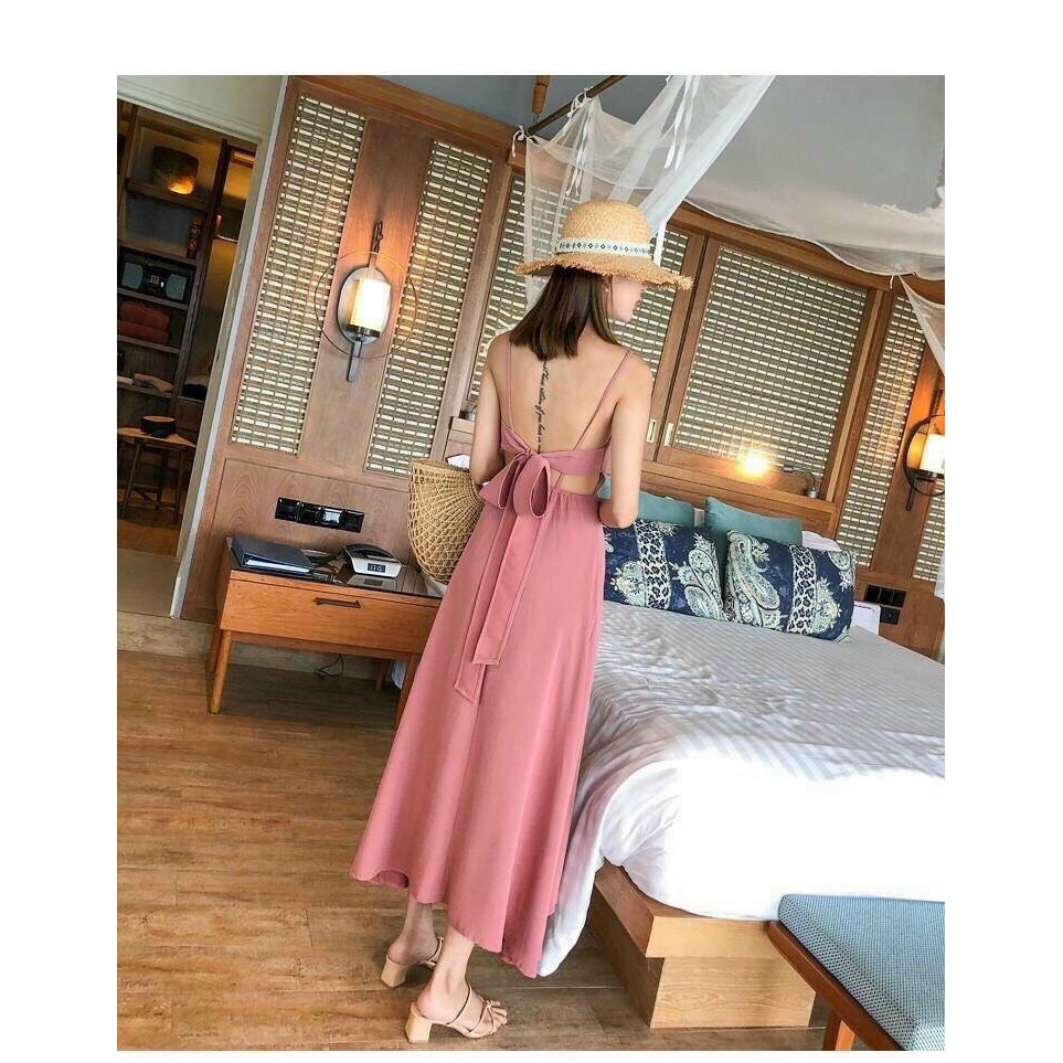 Váy đầm nữ maxi cột nơ sau lưng siêu dễ thương
