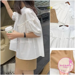Set đồ nữ áo sơ mi trắng babydoll tay bồng kết hợp quần đùi cạp cao tôn dáng SE027, set bộ hàn quốc cá tính