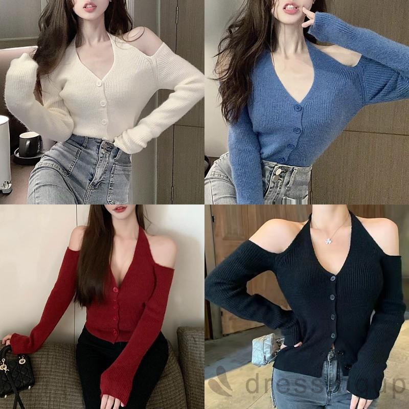 Áo kiểu tay dài cổ chữ V màu trơn thời trang xuân thu màu trắng/xanh dương/đỏ/đen