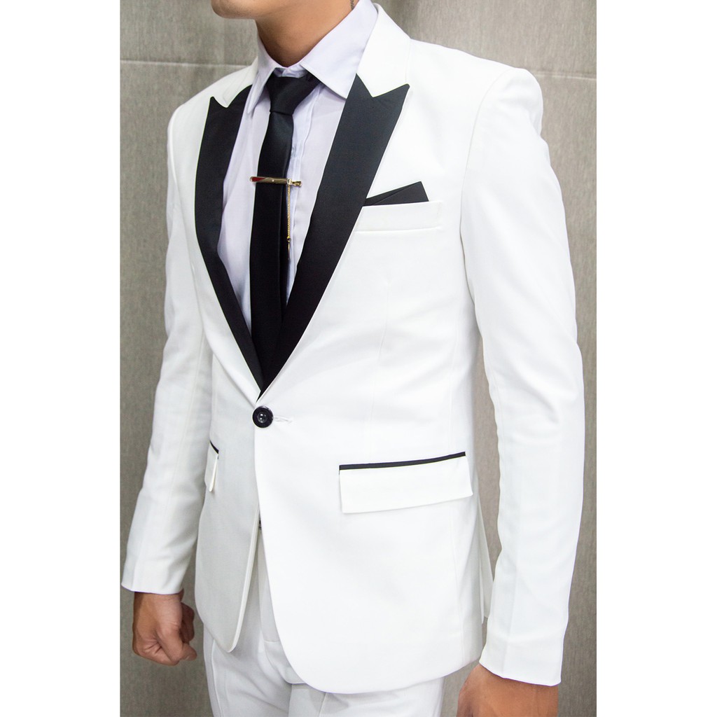 Bộ vest nam ôm body màu trắng cổ viền phi đen + cà vạt + nơ đen