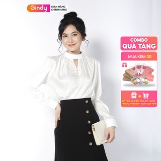 Áo sơ mi nữ lụa vân Pháp GINDY cổ tròn cách điệu tay dài dáng suông trơn trắng thời trang xuân hè công sở A7111