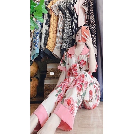 Bộ Ho.a Hồn.g cổ sen , Lụa manggo Cao cấp