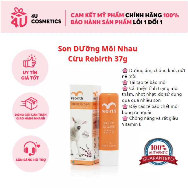 Son Dưỡng Nhau Thai Cừu Rebirth Lanolin Lip Balm 3.7gr