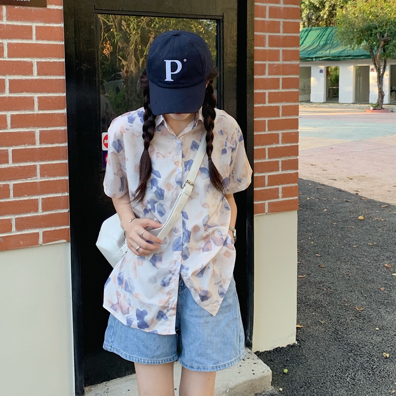 Áo sơ mi SUXI tay ngắn dáng rộng in họa tiết thời trang mùa hè trẻ trung cho nữ