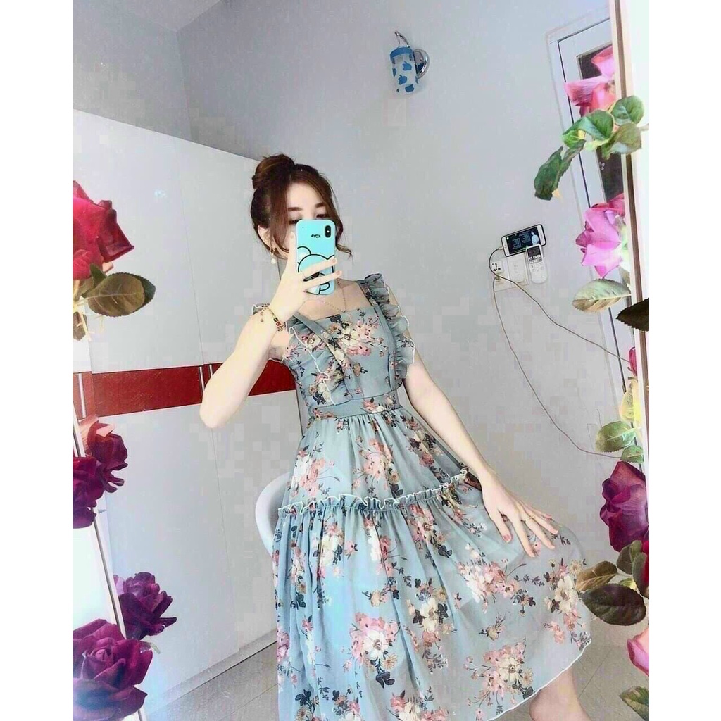 Váy hoa dáng dài màu xanh 2 dây bèo cổ vuông vintage kèm hình thật