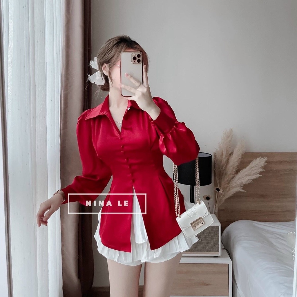 Sét áo cổ sơ mi có cúc bo cổ tay giữ eo buộc nơ sau lưng phối hợp chân váy sếp li siêu dễ thương 3 màu trắng đen và đỏ
