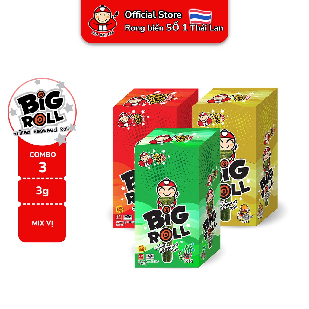 [COMBO 3 MIX VỊ] Snack Rong BiểnTaoKaeNoi Big Roll Mix vị 3g x 3 hộp (vị Truyền Thống, Cay, Mực) (36 gói)