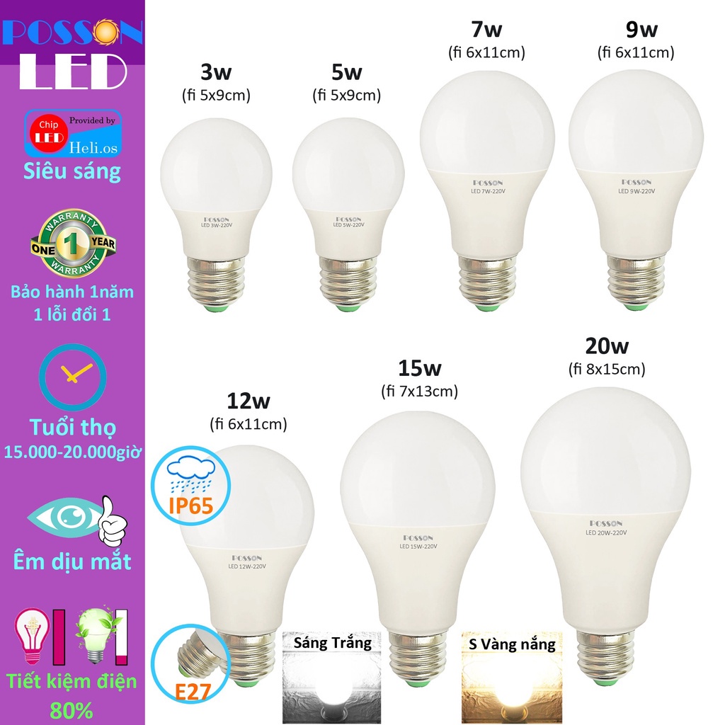 Bóng búp tròn led kín nước 3W 5W 7W 9W TRẮNG / VÀNG,  đui vặn E27, tiết kiệm điện siêu sáng