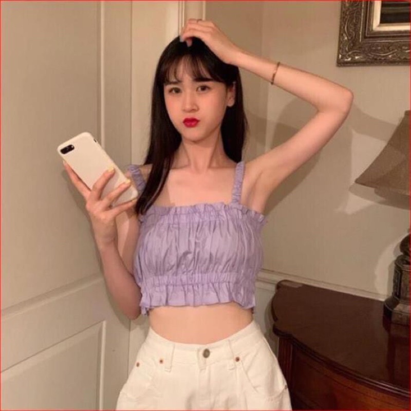 Áo 2 Dây Đũi Croptop 2 Màu Tím Trắng Cực Xinh